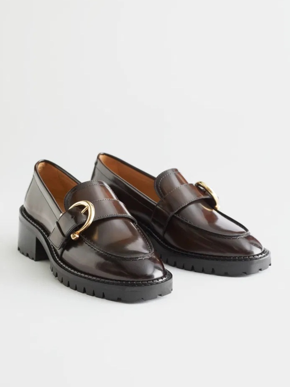 & OTHER STORIES Brown Buckled Leather Chunky Lug Heel Penny Loafer EU38 US 7/7.5
